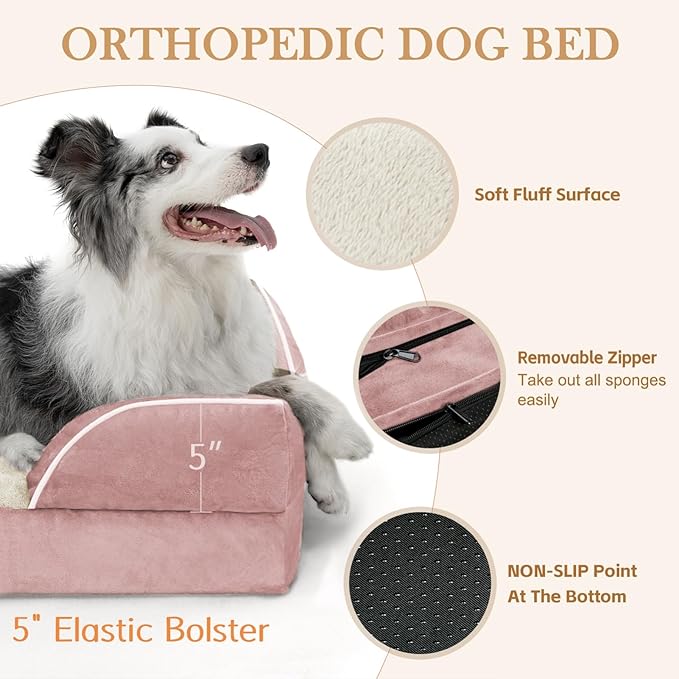 Comfort Expression Orthopedic Dog Bed for Large Dogs 36x27 Inch, Waterproof Supportive Egg Crate Foam Large Pet Bed with Removable Bolsters, Dog Couch with Washable Cover & Non-Slip Bottom, Pink
