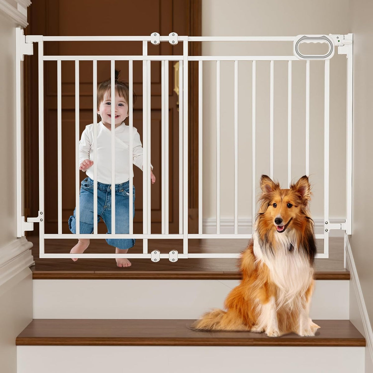 Grownsy Baby Gate for Stairs- No Bottom Bar, Adjustable Width 29.8” to 43.5” for Child and Pet, Dog Gate with Auto-Close & One-Hand Operation, Screw-in Installation for Doorways and Indoor Use