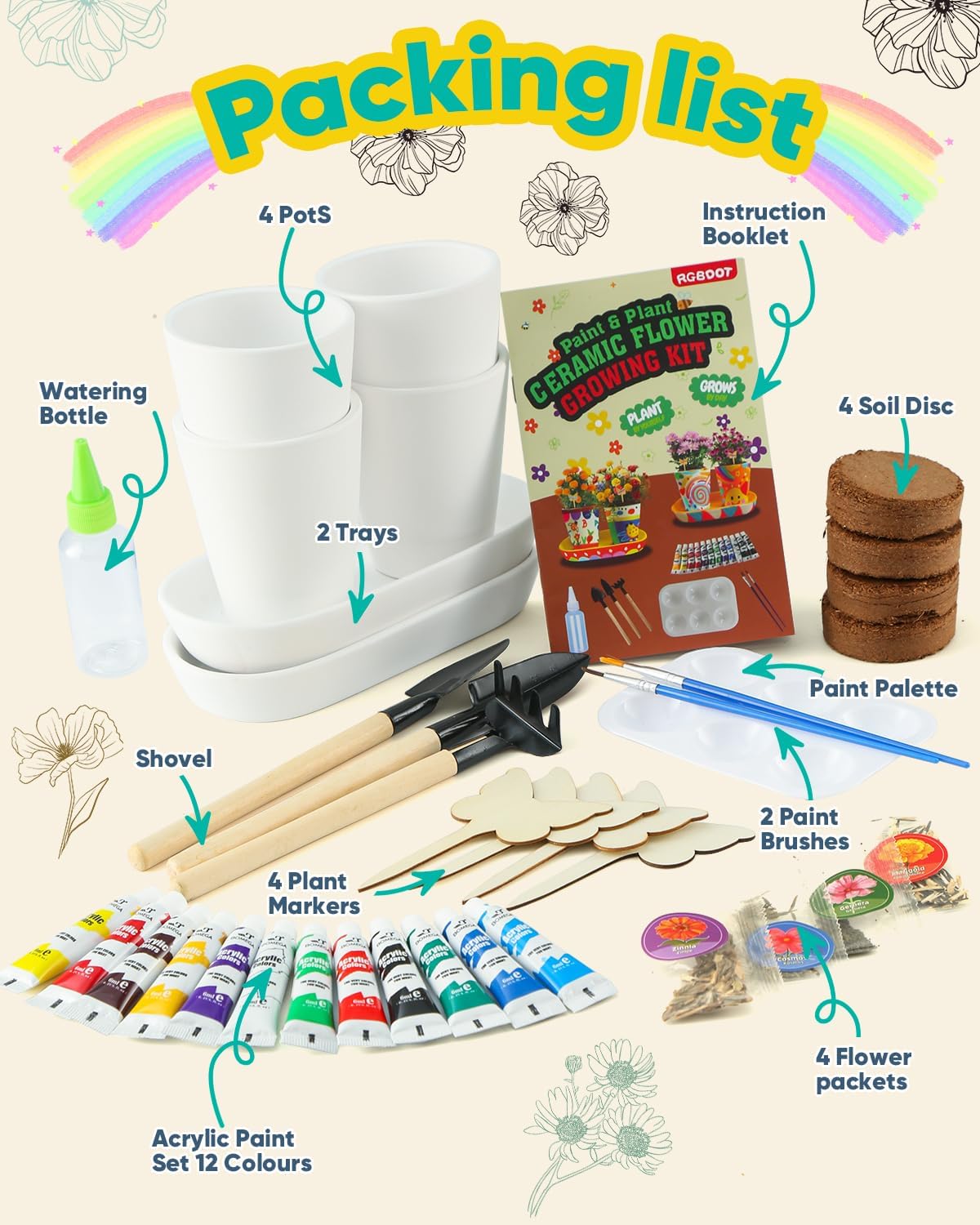 RGBDOT Kids Gardening Set Paint and Plant Stoneware Flower Gardening Kit with 4 Pots Arts and Crafts for Kids Ages 8-12 Best Children’s Day Gift for Girls Boys Ages 5 6 7 8 9 10
