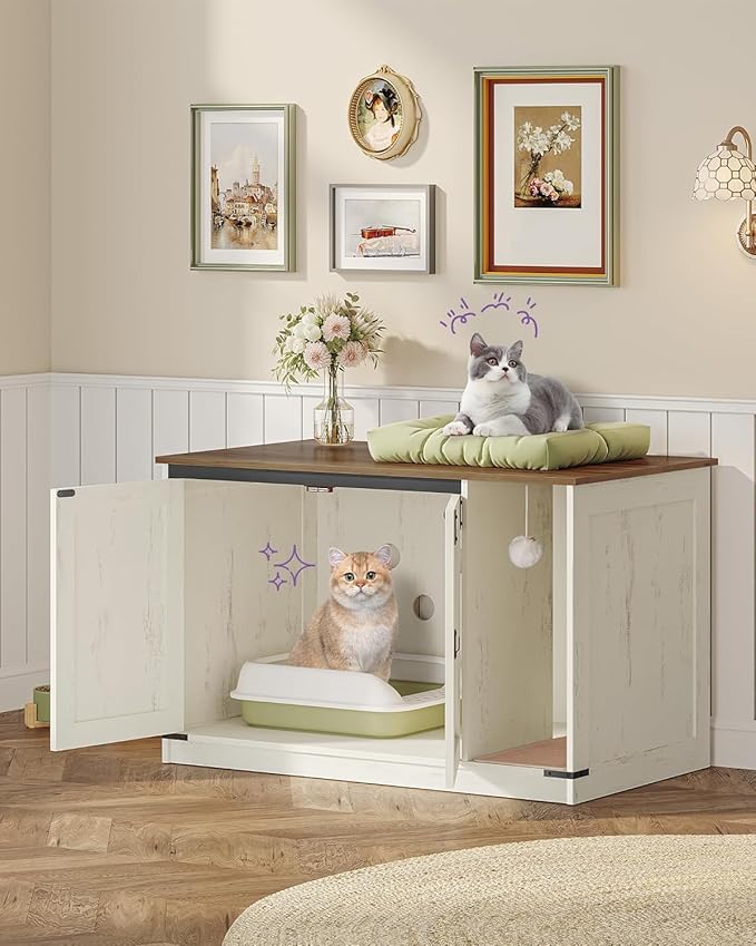 Cat Litter Box Enclosure, Hidden Litter Box Cabinet Furniture with Bell, Indoor Cats House, Farmhouse Style, 39.4 x 21.7X 24.8 Inches for Hallway, Bedroom, Rustic Brown and White CB85214X