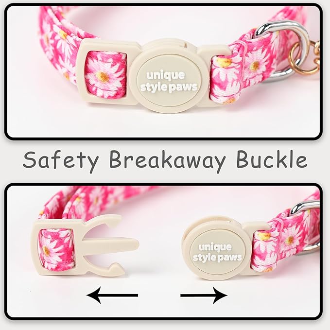 Unique style paws 2 Pack Spring Summer Kitten Collar Breakaway with Bell&Pendant, Adjustable Safety Rose Daisy Flower Cat Cotton Collar for Girl Boy Cat and Small Pet