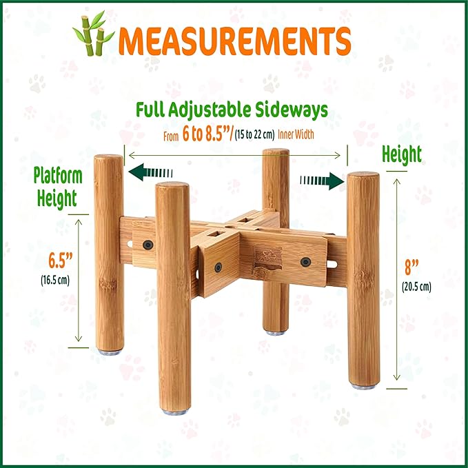 Dog Bowl Stand for Medium Breeds - Raises Bowls to 9-inch High, Ants/Bugs-Off - Adjustable, Fits Various Sizes of Dog Food/Water Bowls and Slow Feeders - Bamboo