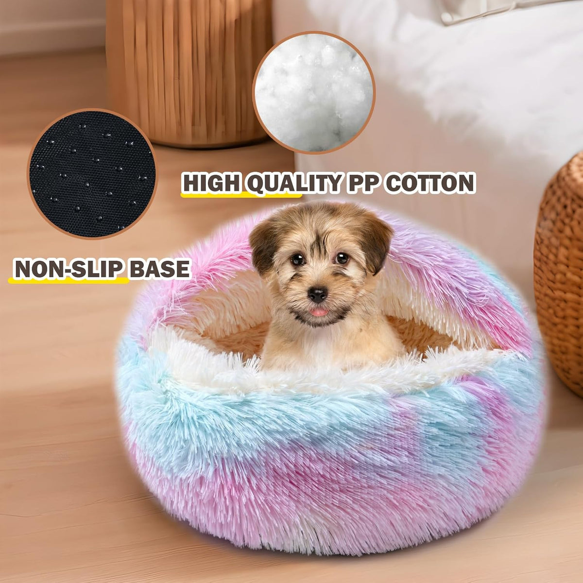 Cat Bed for Indoor Cats, Calming Cozy Cave with Self-Warming Plush, Entire Bed Machine Washable & Anti-Slip Base, Breathable Pet Bed for Small Cats&Dogs All Seasons (Dazzling Colors, 24 * 24inch)