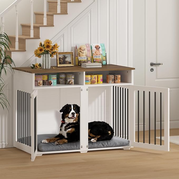 Furniture Dog Crate for 2 Dogs, 41 Inch Dog Kennel Furniture with Removable Divider and Shelf Storage, Wooden Dog Crate for Small/Medium Dogs, White