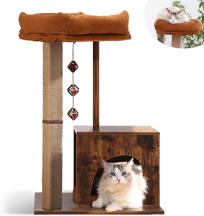 FUKUMARU Cat Scratching Post, Modern Style Cat Tree with Unique Square Post, Wooden Cat Tower with silvervine Balls, Retro Cat Condo Scratcher for Indoor Cats（Solid Wood）