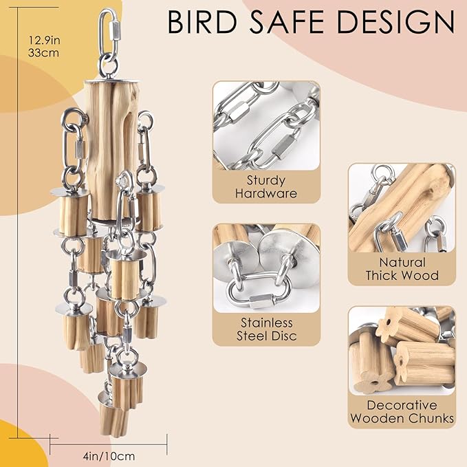 KATUMO Parrot Toys for Large Birds with Detachable Parts, 304 Stainless Steel and Natural Hardwood Chew Toy for Macaw, Cockatoo, African Greys, Medium to Large Parrots, Safe and Durable