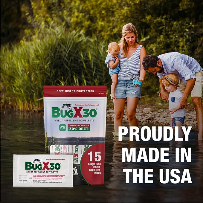 CoreTex Bug X 30 Mosquito, Tick, & Insect Repellent Wipes (30% DEET) with Resealable Travel Bag - Pack of 15 Single-Use Bug Repellent Wipes for Up to 7+ Hours of Protection Against 12 Types of Insects