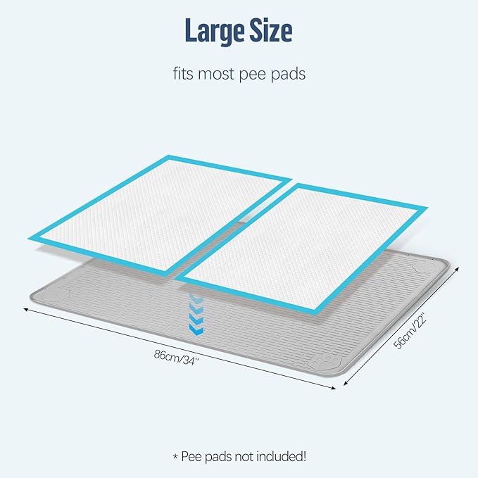 Pee Pad Holder for Dogs, 34" x 22" Silicone Pee Tray Mat Leak-Proof, High Edge, No Spill Pet Pad Holder for Puppy, Cat, Rabbit, Training Pads for Floor Protection, No Pee Pads (Light Grey)