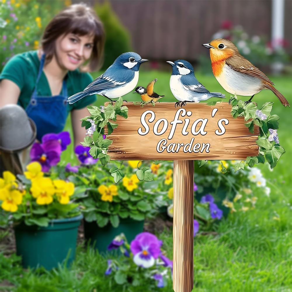 Personalized Colorful Bird Metal Sign with Stake,Custom Gardener Last Name Signs Outdoor Decorate,Customized Garden Accessories Decor for Mother,Birds on the Branch Plaques for Patio Lawn Porch Yard