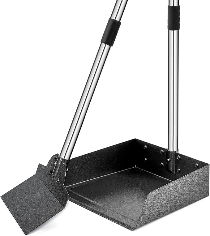 Pooper Scooper for Large Dogs, Adjustable Long Handle Metal Tray and Spade Poop Scooper for Dogs with Bin for Pet Waste Removal, No Bending Clean Up Pooper Scooper for Medium and Large Dogs