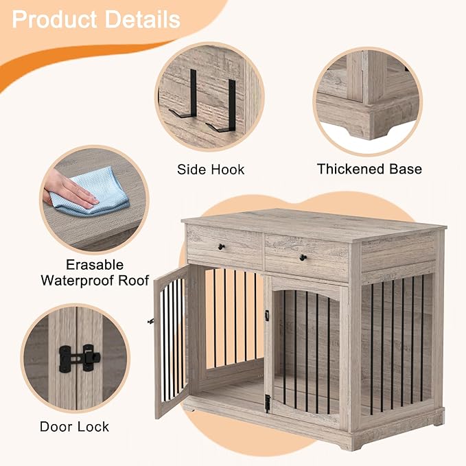 BREEZEHEAT 40 inch Dog Crate Furniture-Farmhouse Dog Kennel with Drawers-End Table Wooden Pet Crate, Double Door Design, Decorative Dog House Indoor for Small Medium Large Dog, Oak Grey