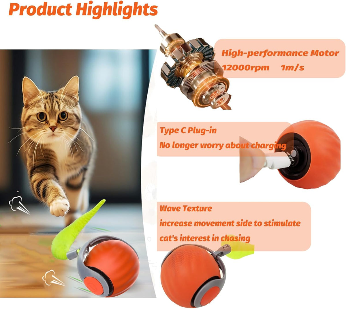 Upgraded Speedy Interactive Cat Ball 4.0 Toys with 2 Optional Tails, Smart Moving Ball Cat Toy for Bored Indoor Cats, Rechargeable & Detachable Automatic Kitten Rolling Balls Toy (Orange)