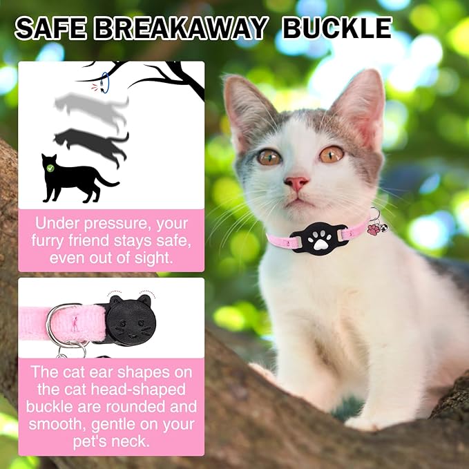 Airtag Cat Collar Breakaway, Cute GPS Cat Tracker Collars with Air Tag Holder, Safety Cat Collars with Bell & Pendant for Girl Boy Cats, Pink