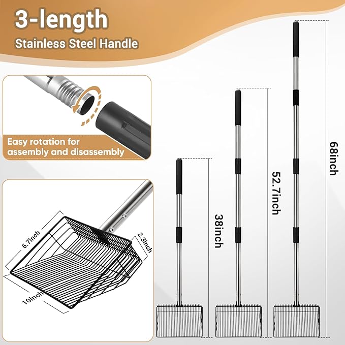 10inch Large Metal Chicken Poop Scooper, 24 to 68" Long Chicken Coop Litter Scoop with Stainless Steel Handle, 4 in 1 Multifunctional Heavy Duty Litter Sifting Shovel Chicken Coop Accessories