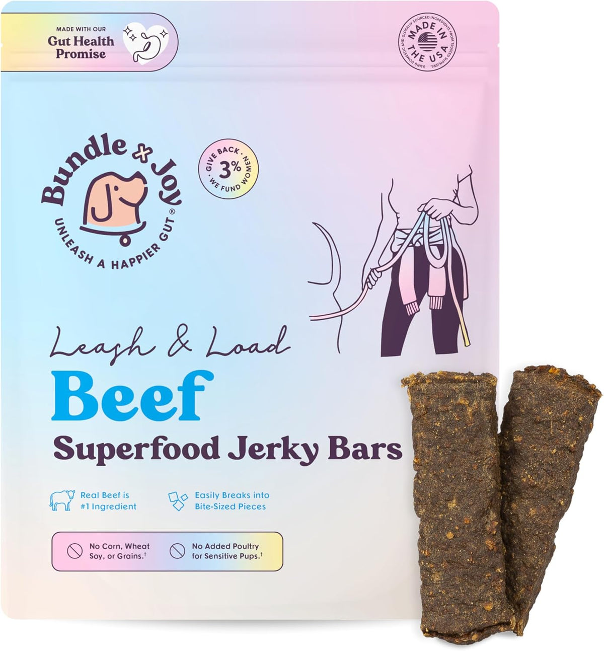 Bundle x Joy Leash & Load Dog Treats Beef Jerky Snack Bars, 5 oz Bag, Puppy and Training Treats, Natural Superfood Grain Free Made with Real Beef, Superfoods, Corn, Poultry & Soy Free