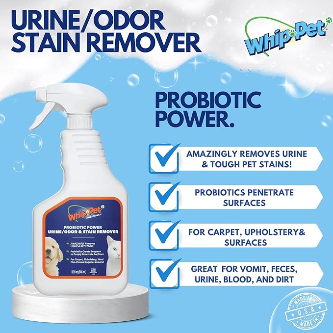 Whip-Pet Pet Odor Eliminator and Stain Remover -Professional Strength Enzymatic Cleaner for Dog Urine and Carpet Odor Eliminator - Pet Odor Remover, 32OZ