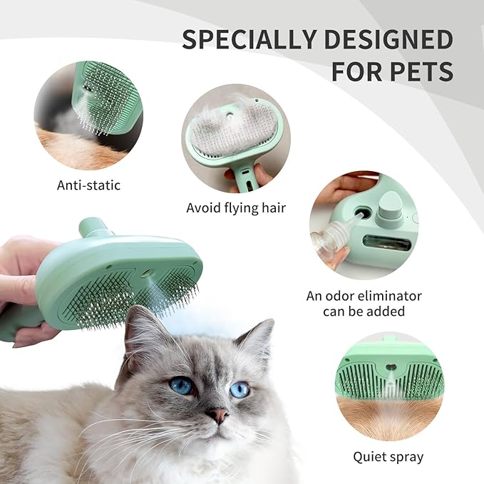 Cat Steam Brush for Shedding, 3 In 1 Steam Pet Brush Self Cleaning, Dog Brush for Long and Short Hair Dogs and Cats, Pet Grooming Comb Remove Tangled Loose Hair, Type-C Fast Charging (Green)