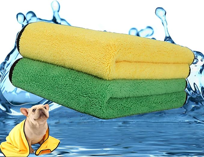 2 Pack Dog Towels Super Absorbent Pet Bath Towel Microfiber Dog Drying Towel for Small Medium Large Dogs and Cats, Machine Washable, 19.7Inch x 39.4Inch, Yellow-Grey & Green-Grey