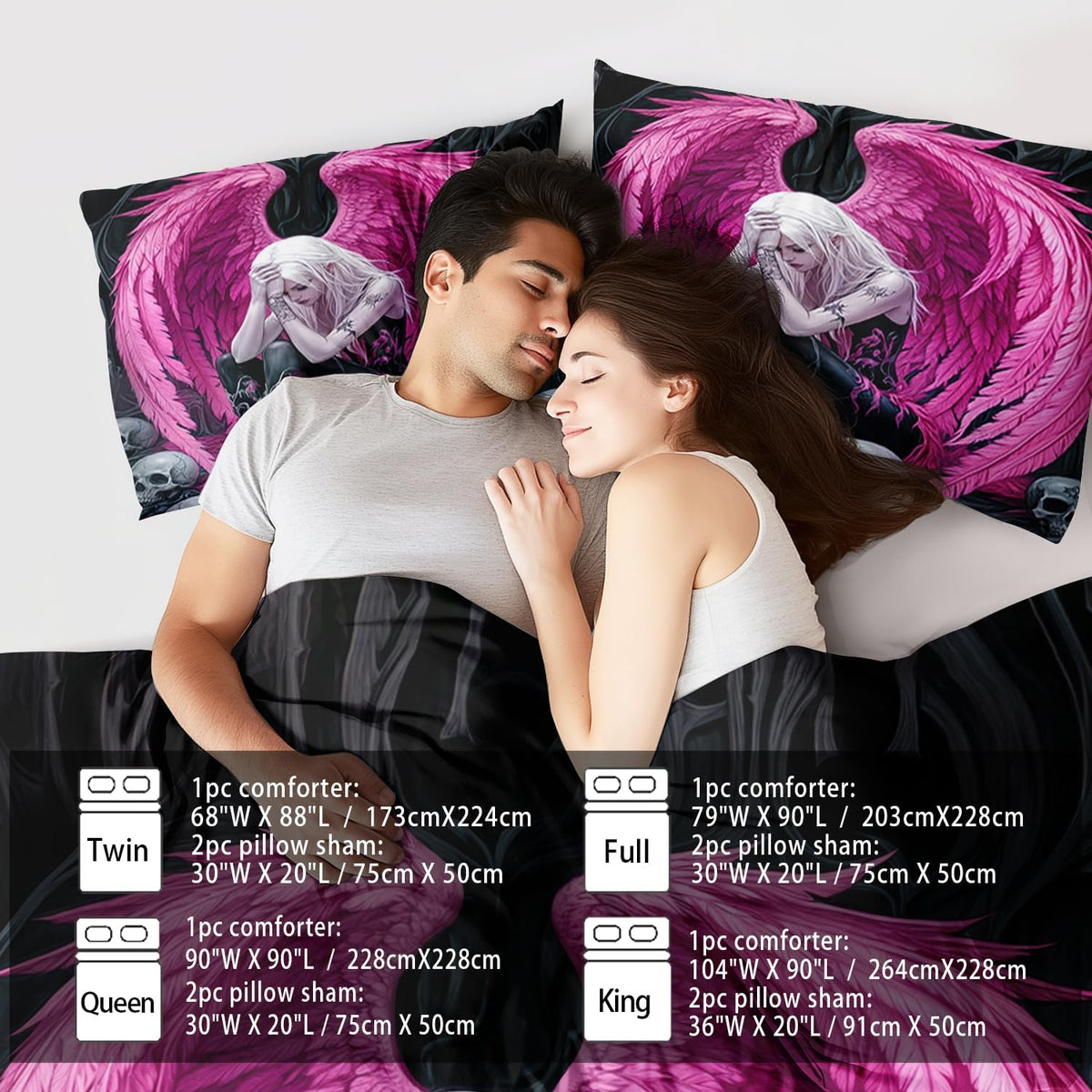 Gothic Skull Comforter Set Queen for Adults,Angel Wings Bedding Set Pink for Girls,Sexy Angel Comforter Bedroom Decor Teen,Gothic Skull Bedding Decor Pink Wings Quilt