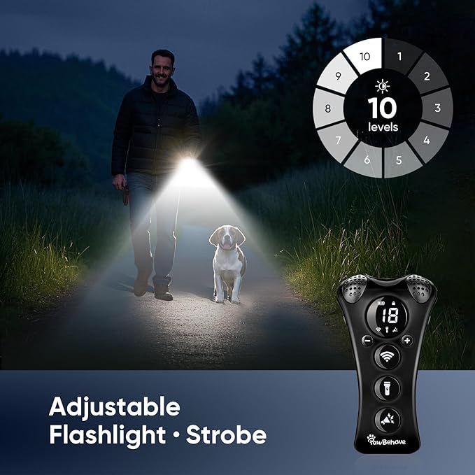Ultrasonic Dog Bark Deterrent Device –10-Level Adjustable Anti Barking Trainer with Flashlight, Strobe, E-Clicker(18 Whistle Sounds)–No Shock, Collar-Free Dog Behavior Correction Devices