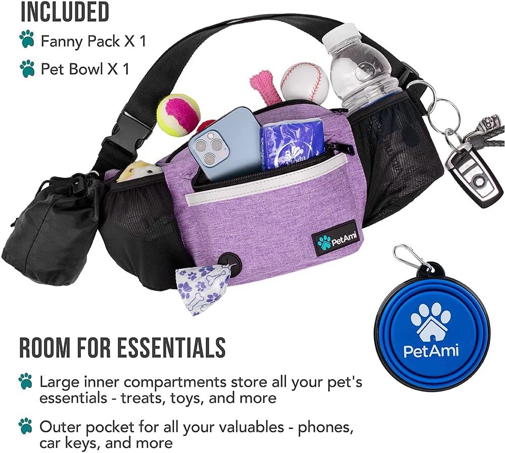 PetAmi Dog Fanny Pack, Treat Pouch for Dog Walking, Training, Built in Poop Bag Dispenser, Water Bottle Holder, Collapsible Bowl, Pet Treat Waist Belt for Hiking, Running, Kibbles (Purple)