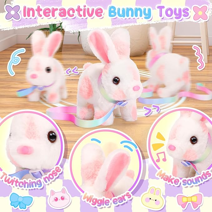 Easter Bunny Toys for Kids with Crossbody Bags, Easter Basket Stuffers Interactive Hopping Wiggle Ears Rabbit Toy, Pretend Play Robot Pet Care Cute Stuff for Girls Trip Plushies Birthday Gifts