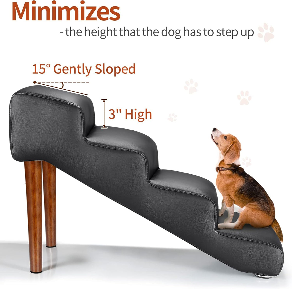 Senneny Black Faux Leather Dog Stairs, for Pets up to 150 lbs, Waterproof, Scratch Resistant Pet Steps/Stairs with High Density Foam and Detachable Wooden Legs, Black, 4 Step