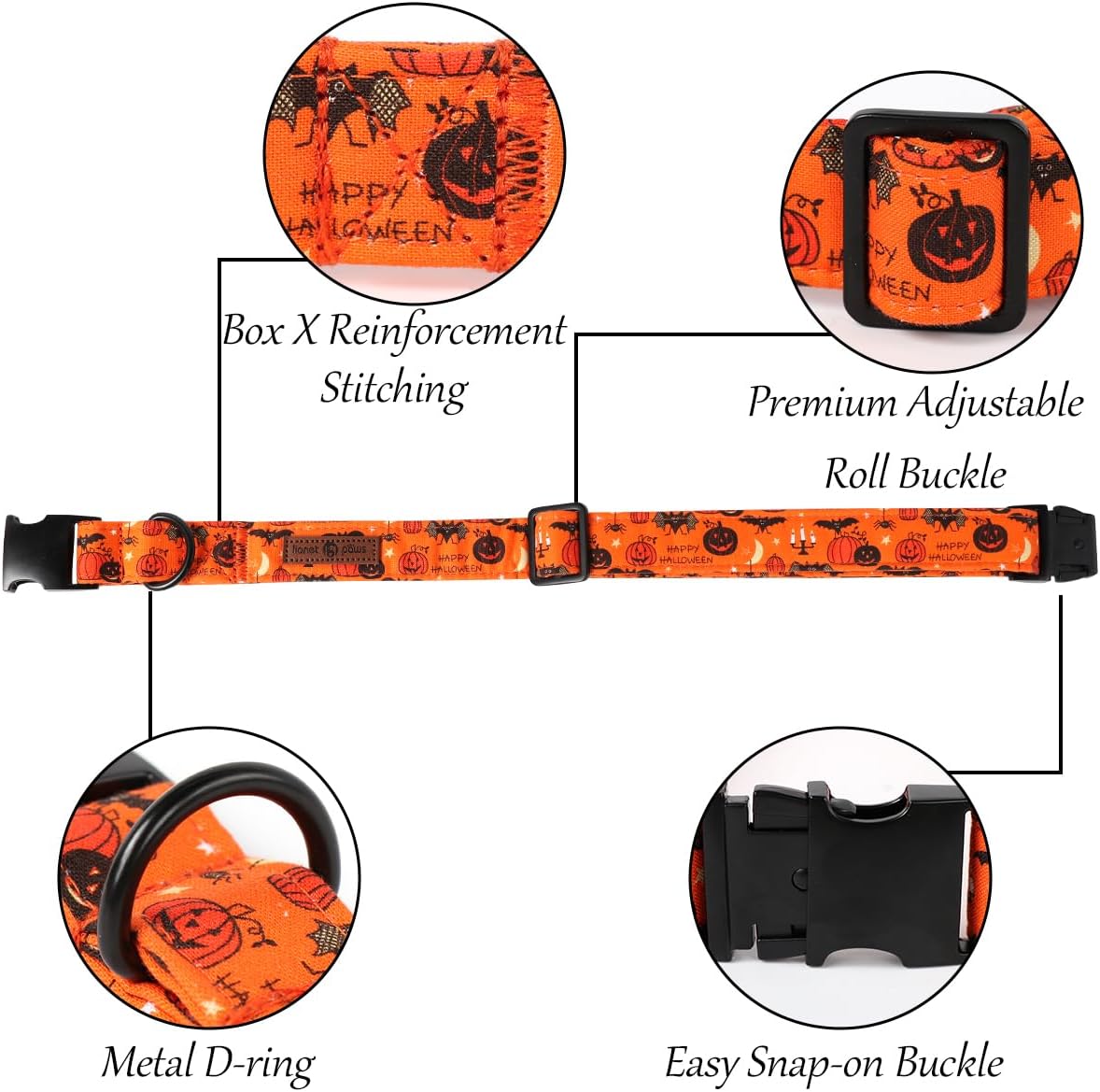 Lionet Paws Halloween Dog Collar with Flower, Cute Fall Orange Dog Collar for Small Dogs, Adjustable Cotton Pumpkin Bat Pet Collars Puppy Collar for Girl Dogs