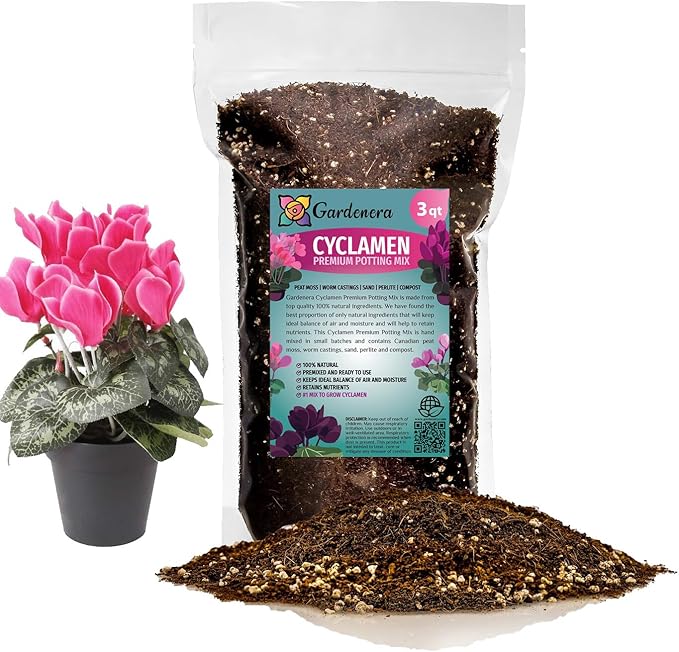 Gardenera Premium Cyclamen Potting Soil Mix - Perfect Balance of Nutrients, Drainage, and Aeration for Thriving Blooms - 3 Quart