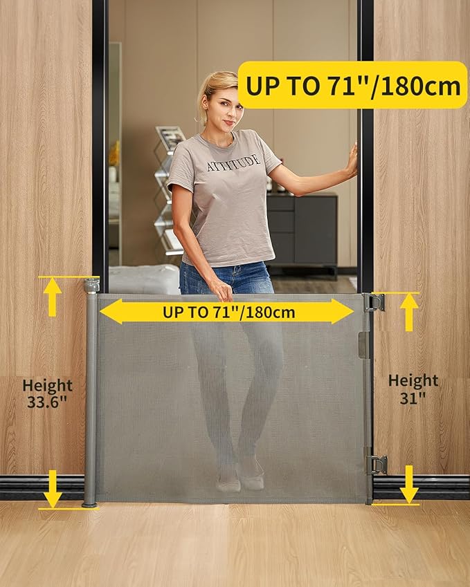 Retractable Baby Gate for Stairs – 33” Height, Expands up to 71” Width – Safety Gate for Infants, Toddlers, Dogs & Pets – Easy Install, Secure Closure, Gray Mesh Design for Indoor & Outdoor Use