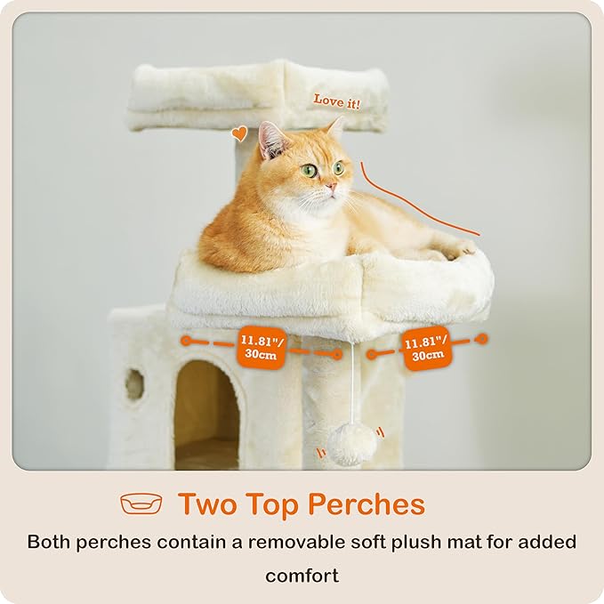Ouritsu Cat Tree, 56 inch Tall Cat Tower for Large Cat Indoor, Large Condo, 2 Padded Perches, Steel-Framed Hammock, Scratching Post and ramp, Fluffy Basket, Beige, LF001WH