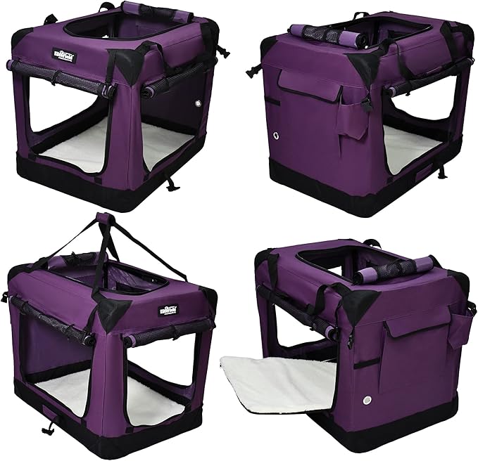 EliteField 4-Door Folding Soft Dog Crate with Curtains, Carrying Bag and Fleece Bed (2 Year Warranty), Indoor & Outdoor Pet Home (42" L x 28" W x 32" H, Purple+4 Door Curtains)