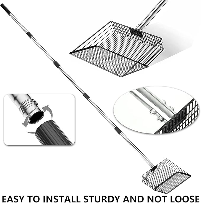 10 Inch Chicken Poop Scooper, Large Metal Chicken Coop Scoop, Chicken Litter Sifting Shovel, Chicken Coop Rake with Retractable Stainless Steel Handle, Chicken Coop Cleaning Tools Accessories