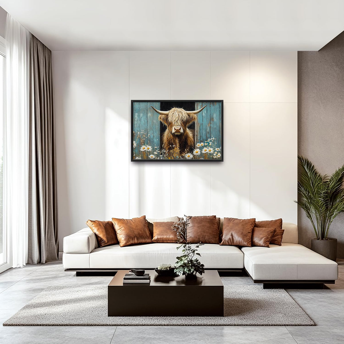 Large Farmhouse Highland Cow Country Wall Art for Living Room, Floral Canvas Oversized Wall Decor, Daisy Flower Animal Framed Pictures Painting Print Artwork for Bedroom Office 36"L x 24"W