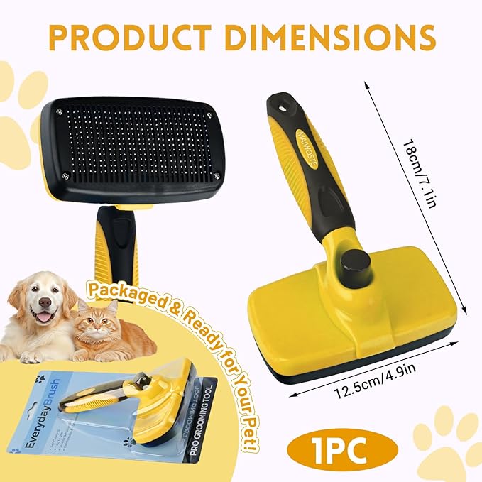 Large Self Cleaning Deshedding Brush for Dogs & Cats - One Button Hair Release Grooming Tool, Gentle Massage Brush for Long and Short Hair (Yellow)