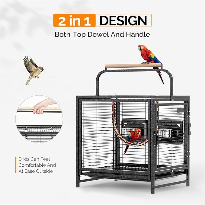 VINGLI Bird Cage, 25 inch Wrought Iron Bird Travel Carrier, Cage with Handle for Parakeets, Parrot, Lovebirds, Finches, Small/Medium Birds