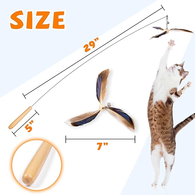 JXFUKAL Cat Wand Toys, Interactive Cat Toys with 3 Feather Refills, 29'' Flexible Steel Wire, Sturdy Wood Handle & Bell for Kitty Kitten, Cat Toys for Indoor Cats Teaser Cat String Toy