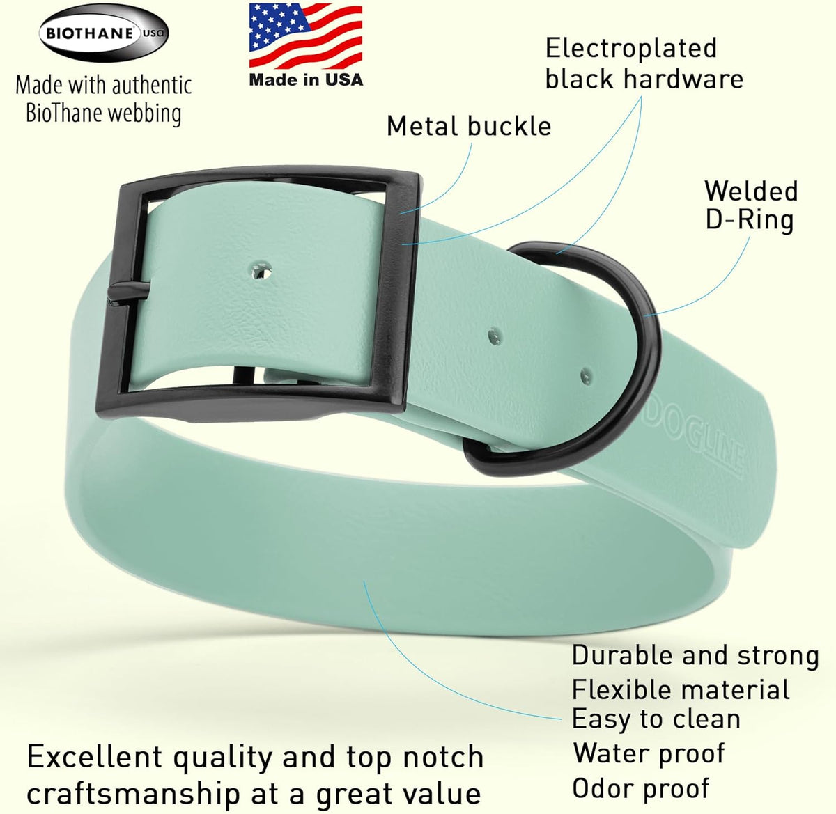 Dogline Biothane Waterproof Dog Collar Strong Coated Nylon Webbing with Black Hardware Odor- Proof for Easy Care Easy to Clean High Performance Fits Small Medium or Large Dogs, Sage Green