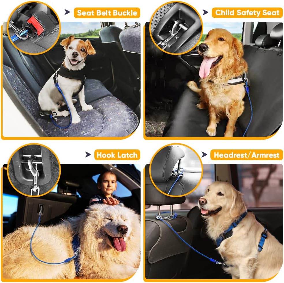 Petbobi Dog Seat Belt for Car - 2 Pack Chew Proof Durable Dog Seatbelt Tether for Small Medium Large Pets - Metal Vehicle Harness Restraint with Double Clips and Latch - Car Leash for Safety Travel