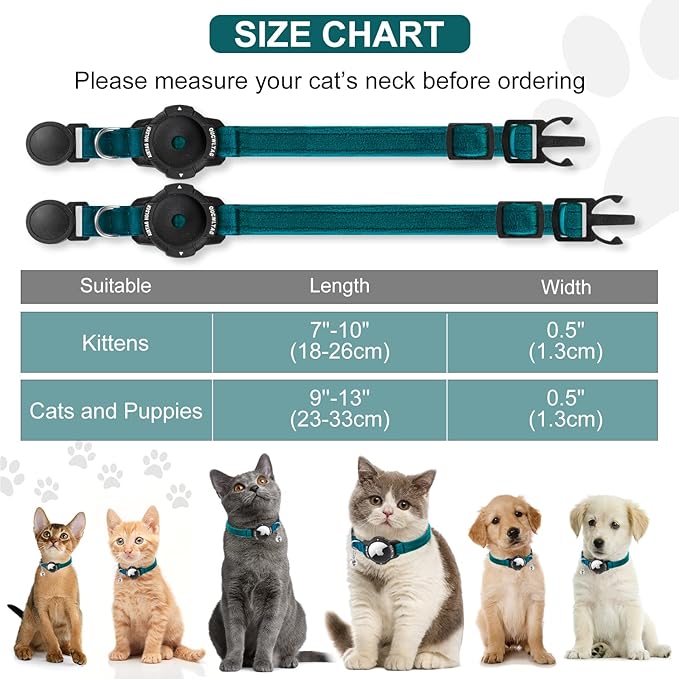 Luminous AirTag Cat Collar Breakaway, OUCWLTAG GPS Cat Collar with Apple Air Tag Holder, Cat Tracker Collars with Safety Elastic Band for Girl Boy Cats, Kittens and Puppies (Blue, 9-13 Inch)