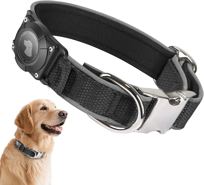 Waterproof Airtag Dog Collar - Nylon Collar with Durable Airtag Holder, Reflective&Anti-Lost with Safety Metal Buckle, Soft Padded Adjustable for Small Medium Large Dogs Black XL