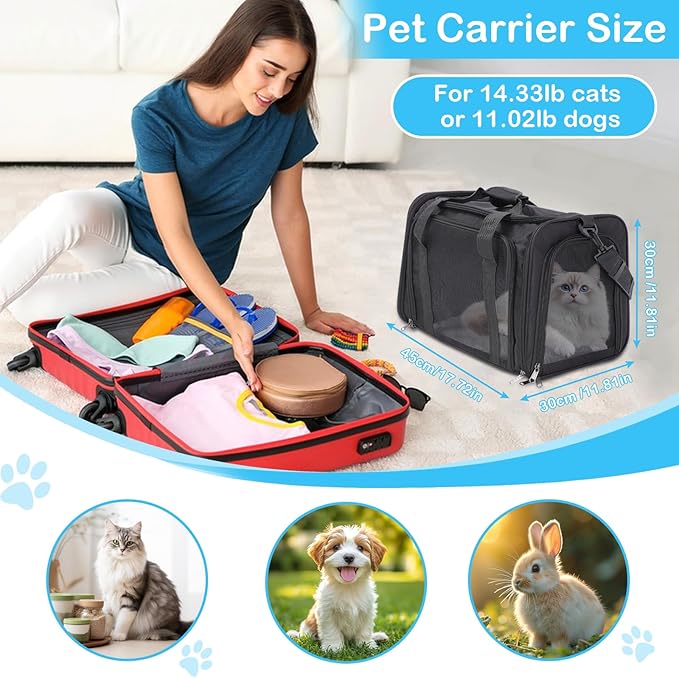 Cat Carrier Soft, Collapsible Cat Bag Carrier, TSA Airline Approved Pet Carrier for Cats with Removable Mat, Breathable Pet Travel Carrier for Small Medium Adult Pussy & Small Dogs (Black)