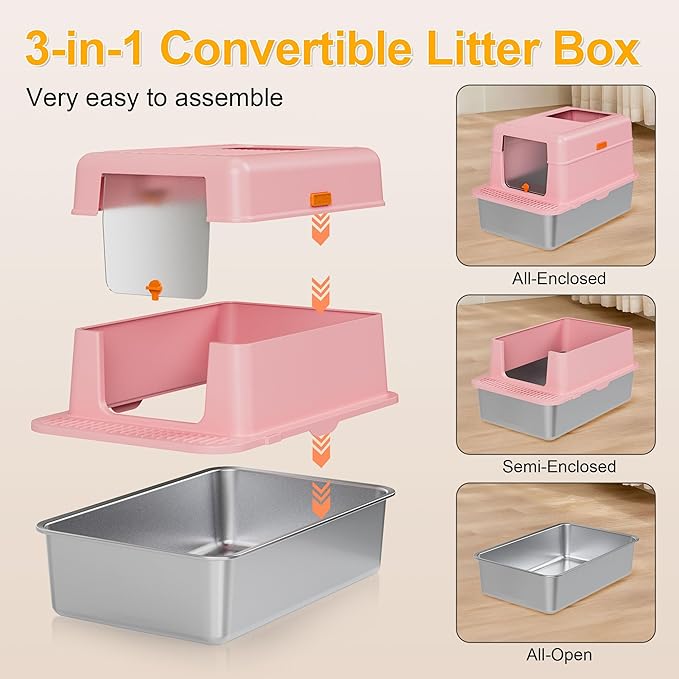 Stainless Steel Litter Box with Lid, 20L Metal Enclosed Litter Box for Big Cat, Flip-Top Design with Anti-Leakage High Sides, Large Cat Lovers Gifts (#2 Pink)