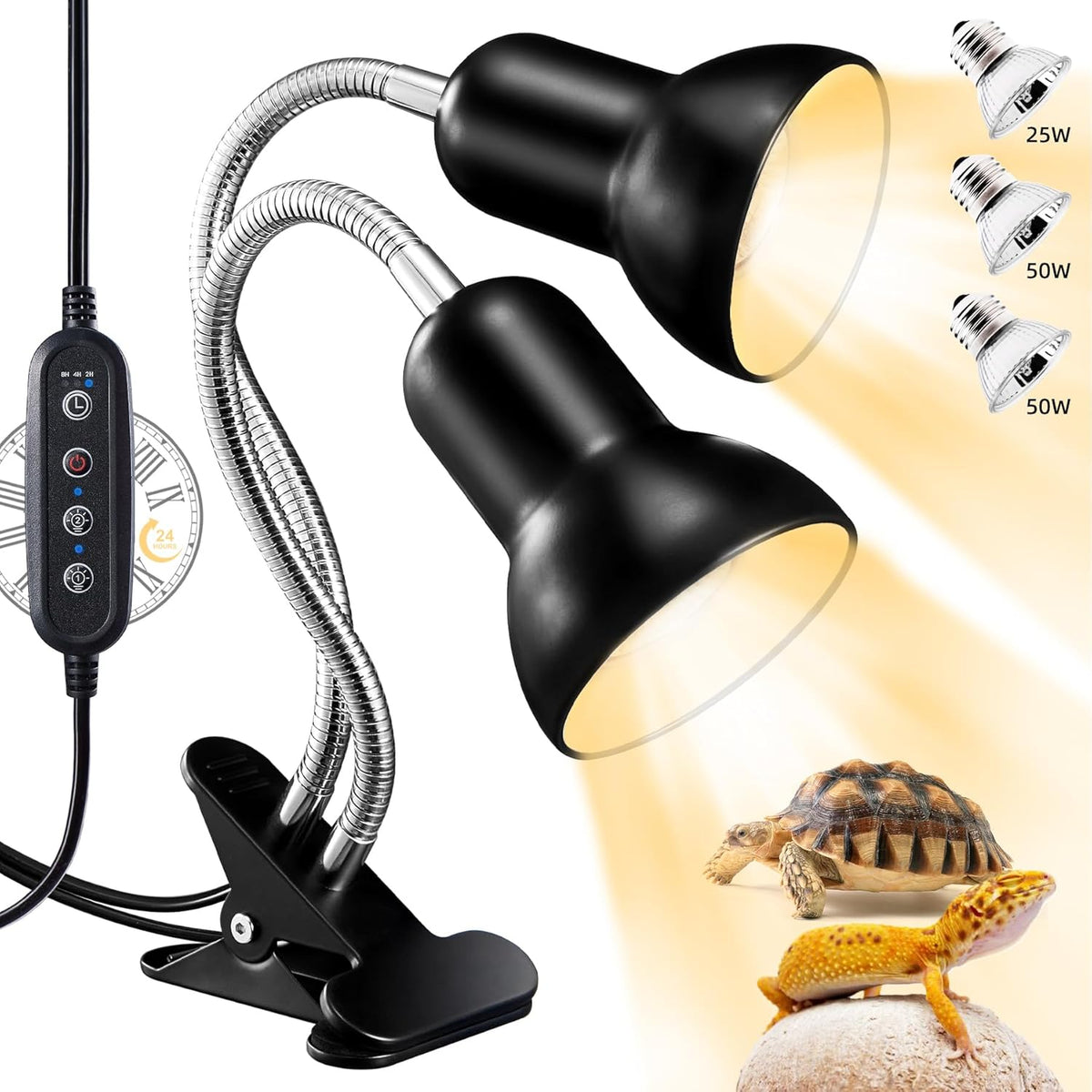 Reptile Heat Lamp, Turtle Lamp with Cycle Timer,Dual-Head UVA UVB, Heat Lamp for Lizard Reptiles,Bearded Dragon Hermit Crab Snake Turtle Basking Light, Separate Control Heat Lamp Bulb