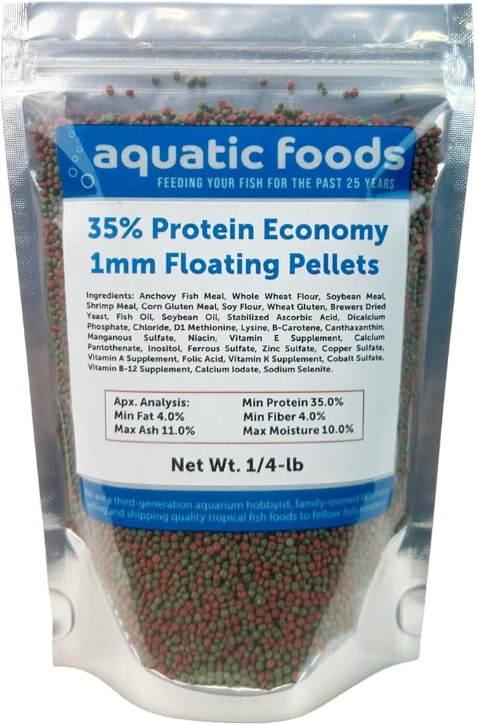 Aquatic Foods Inc. 1mm - 1/32, 35% Protein Economy Floating Pellets for All Community Fish, Tetras, Guppies, Angel Fish, Cichlids, Goldfish. All Tropical Fish - WL…1/4-lb Foil Pouch Bag