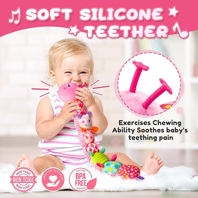 Baby Toys 0-6-12 Months,Infant Musical Stuffed Animals Activity Toys with Muti-Sensory Crinkle,Rattles,Baby Girl Toys Gifts for Newborn Tummy Time,Caterpillar,Pink