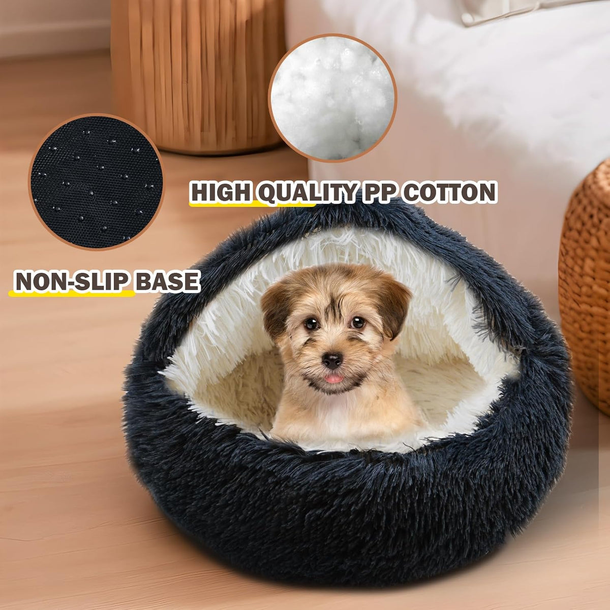 Cat Bed for Indoor Cats, Calming Cozy Cave with Self-Warming Plush, Entire Bed Machine Washable & Anti-Slip Base, Breathable Pet Bed for Small Cats&Dogs All Seasons (Dark Gray, 24 * 24inch)