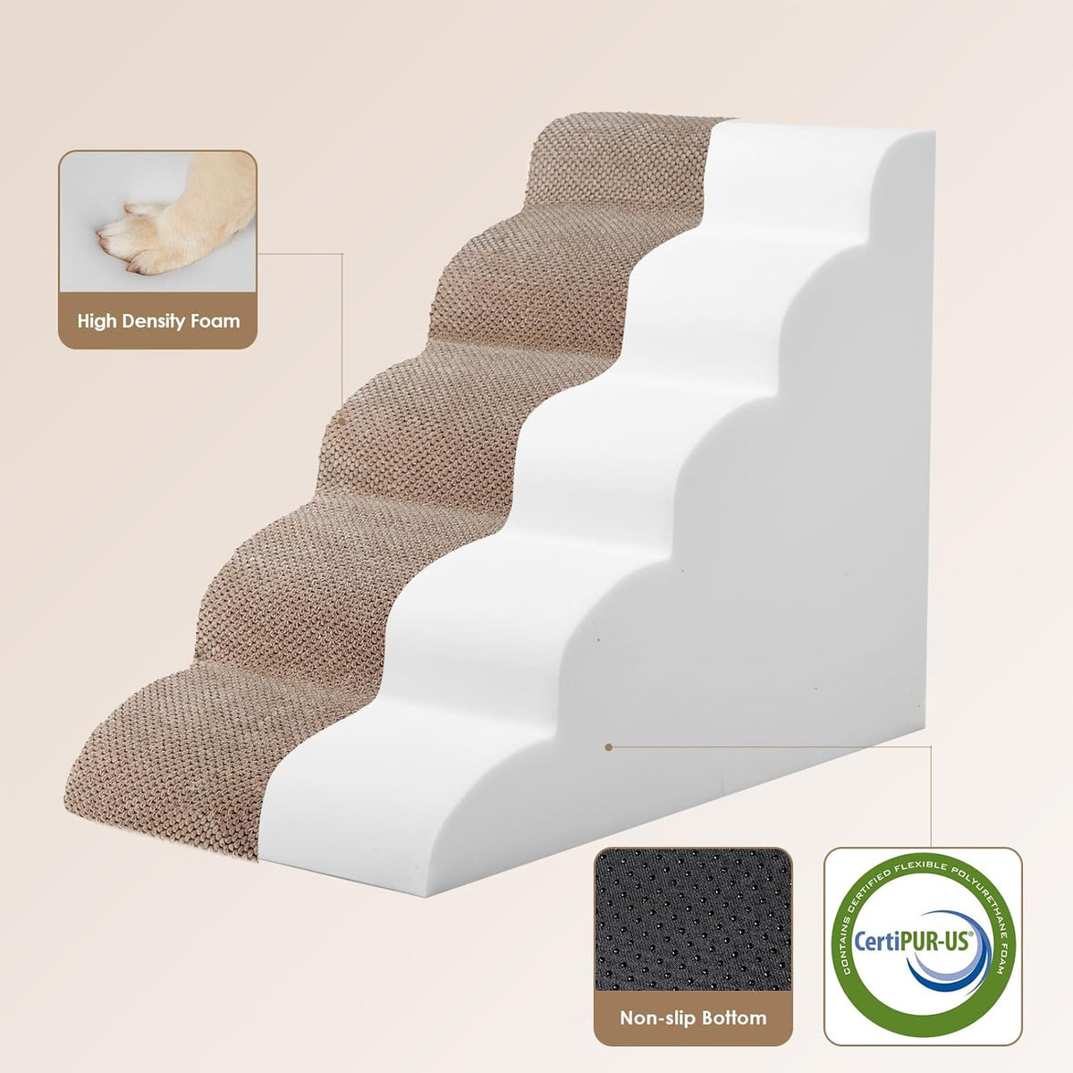 EHEYCIGA Curved Dog Stairs Ramp for High Beds 22.6" H, 5-Step Dog Steps for Small Dogs and Cats, Pet Stairs for High Bed Climbing, Non-Slip Balanced Pet Step Indoor, Camel