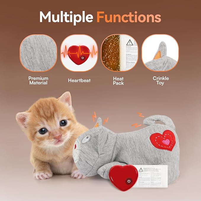 ALL FOR PAWS Heartbeat Cat Plush Toy – Calming Kitten Companion with Realistic Heartbeat, Anxiety Relief for Indoor Cats Dogs Pets