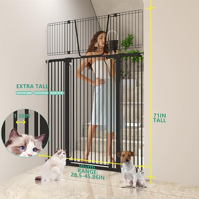Jiprlak51 Extra Tall Cat Gate for Doorway – 28.5"-48.7" Extra Wide Pet Gate with Adjustable Cat Door Wide,Auto Close, Pressure Mounted, Pet Gate for Cats & Small Dogs, Hallway, Stairs, Kitchen